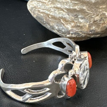 White Buffalo Turquoise Coral Navajo Tufa Cuff Bracelet | Sterling Silver | Authentic Native American Handmade | 16408