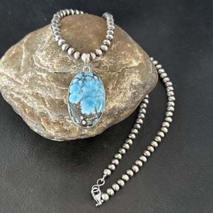 Navajo Blue Spiderweb Turquoise Pendant Necklace | Sterling Silver | Authentic Native American Handmade | 17018