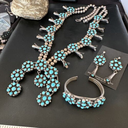 Ultra Rare Old Pawn Kingman Turquoise Squash Blossom Set | Necklace, Bracelet, Pendant, Earrings | Navajo | 15921