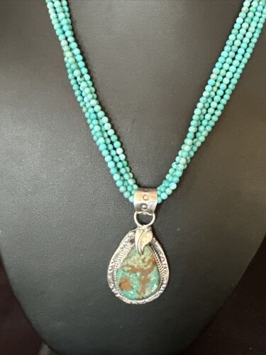 Blue Turquoise Pendant | Navajo Pearls | Sterling Silver Bead Necklace 17" | Multi-Strand | 15994
