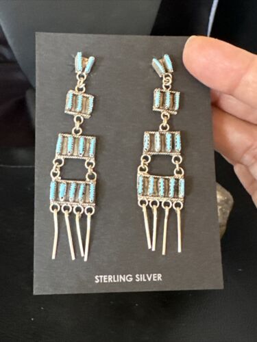 Zuni Kingman Turquoise Needle Point Dangle Earrings | Sterling Silver | 4 Tier | 14872