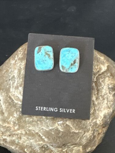 Navajo Blue Kingman Turquoise Post Stud Earrings | Sterling Silver | Authentic Native American Handmade | 17410