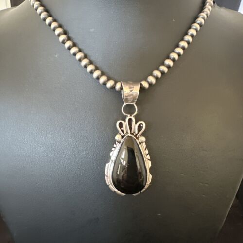 Men's Navajo Pearls Black Onyx Necklace Pendant | Sterling Silver | Authentic Native American Handmade | 16530