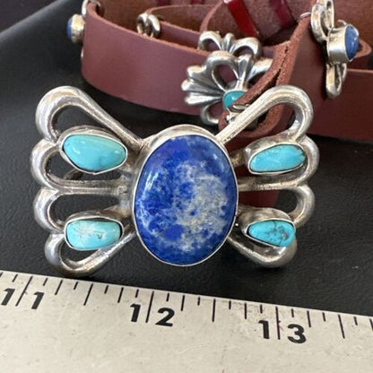 Men's Kingman Turquoise Lapis Concho Belt | Sterling Silver Navajo Tufa | Authentic Native American Handmade | 16682 - Masha USA