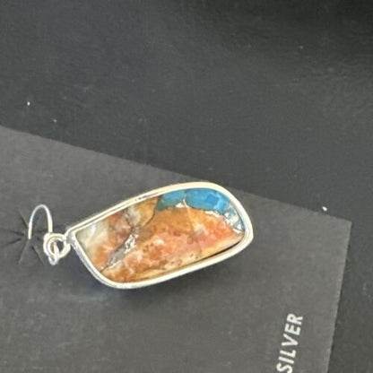 Navajo Blue Turquoise & Orange Spiny Oyster Inlay Dangle Earrings | Sterling Silver | Authentic Native American Handmade | 15580