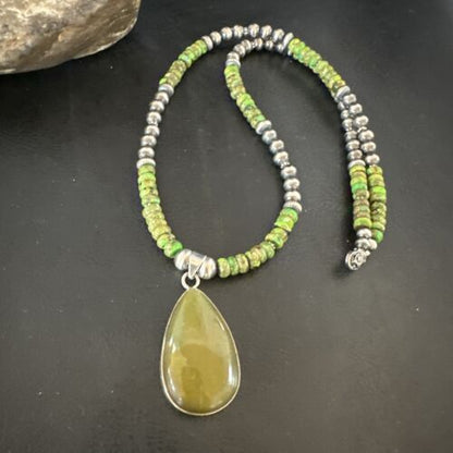 Navajo Green Turquoise Pendant with Pearls | Sterling Silver Necklace | Authentic Native American Handmade | 16917