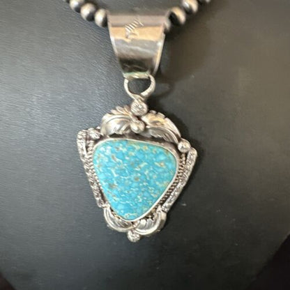 Navajo Kingman Turquoise Pendant Necklace | Sterling Silver Pearls | Authentic Native American Handmade | 15218
