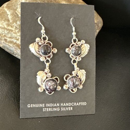Navajo Purple Sugilite Dangle Earrings | Sterling Silver | 2" | Authentic Native American Handmade | 15691