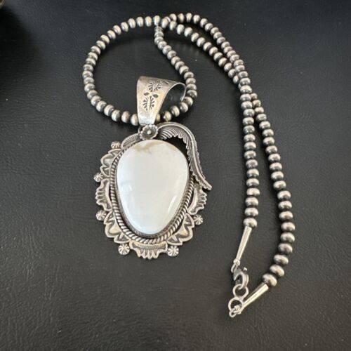 Navajo White Buffalo Turquoise Pendant Necklace | Sterling Silver | Authentic Native American Handmade | 15618