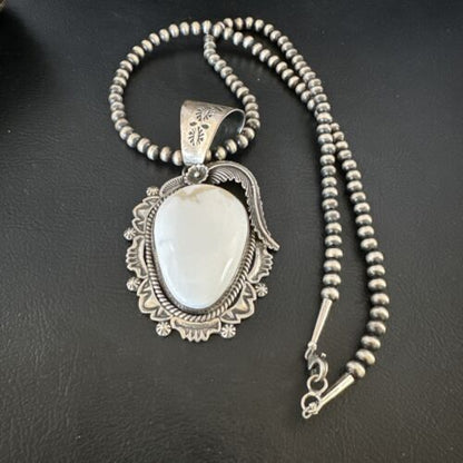 Navajo White Buffalo Turquoise Pendant Necklace | Sterling Silver | Authentic Native American Handmade | 15618