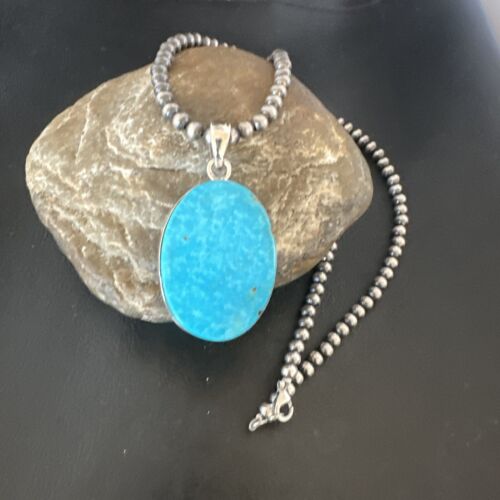 Blue Kingman Turquoise Pendant | Navajo Pearls | Sterling Silver Necklace 20" | 16689