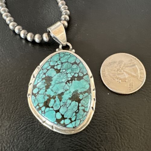 Men's Navajo Blue Spiderweb Turquoise Pendant Necklace | Sterling Silver | Authentic Native American Handmade | 16198