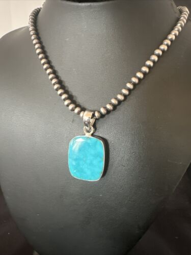 Blue Kingman Turquoise Pendant | Navajo Pearls | Sterling Silver Necklace 20" | 16697