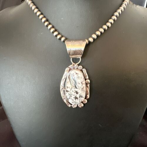 Men's White Buffalo Turquoise Pendant Necklace | Navajo Pearl Sterling Silver | 17037