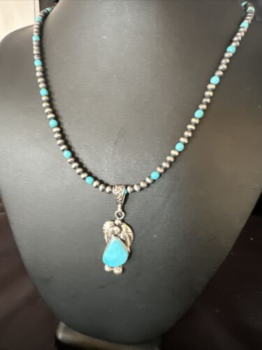 Navajo Pearls Kingman Turquoise Pendant Necklace | Sterling Silver | Authentic Native American Handmade | 14888