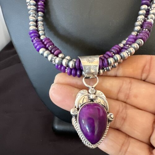Navajo Sugilite Bead Necklace Set | 3 Strands | Sterling Silver | 21" | Authentic Native American Handmade | 16792