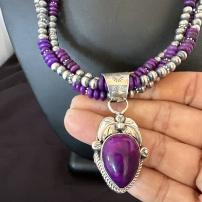 Navajo Sugilite Bead Necklace Set | 3 Strands | Sterling Silver | 21" | Authentic Native American Handmade | 16792