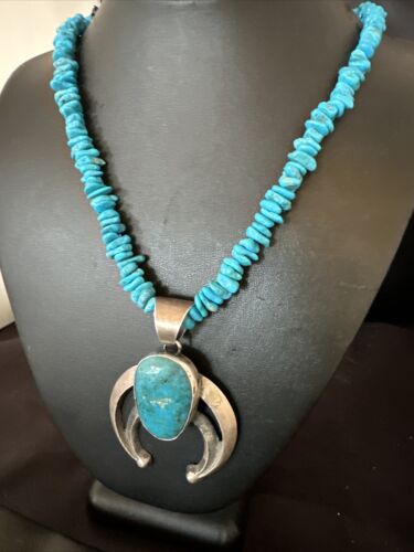 Navajo Blue Kingman Turquoise Naja Pendant Necklace | Sterling Silver | 26" | Authentic Native American Handmade | 16065