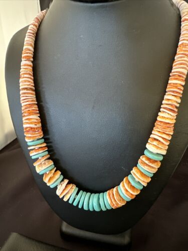 Navajo Sterling Silver Blue Turquoise & Spiny Oyster Graduated Necklace | Authentic Native American | 23" | 16902