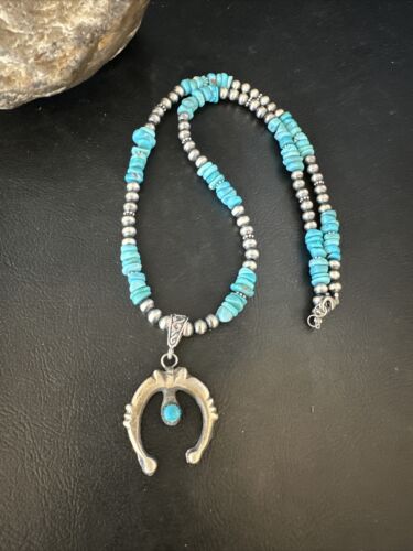 Navajo Kingman Turquoise Naja Pendant Necklace | Sterling Silver | Native American Handmade | 14834