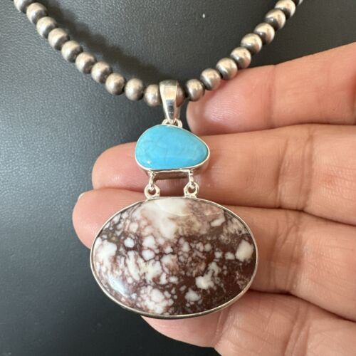 Navajo Wild Horse Blue Kingman Turquoise Necklace | Sterling Silver | Authentic Native American Handmade | 17340