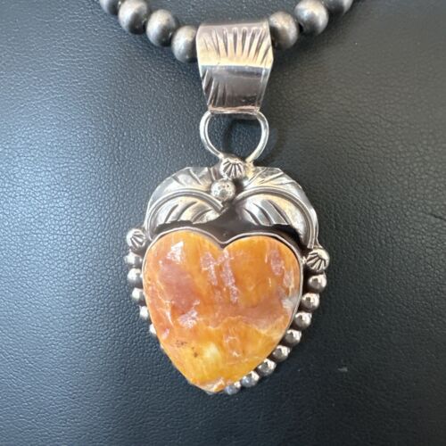 Navajo Orange Spiny Oyster Heart Pendant Necklace | Sterling Silver | Authentic Native American Handmade | 16551
