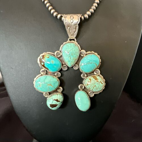 Navajo Blue Turquoise #8 Squash Blossom Naja Pendant Necklace | Sterling Silver | Authentic Native American Handmade | 16907