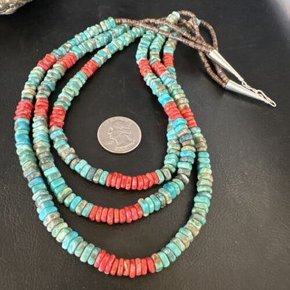 Women's Turquoise Spiny Oyster 3-Strand Necklace | Navajo Pearl Sterling Silver | 15157