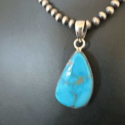Navajo Blue Kingman Turquoise Pendant with Pearls | Sterling Silver Necklace | 20" | 16702