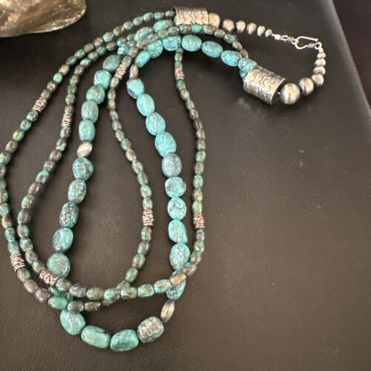 Navajo Spiderweb Turquoise Necklace | 3 Strands | Sterling Silver | 24" | Authentic Native American Handmade | 17403