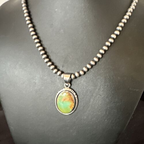 Navajo Green Gaspeite Pendant Necklace | Sterling Silver | Authentic Native American Handmade | 16363