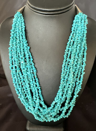 Blue Turquoise Nugget Bead Necklace | 10 Strand | Navajo Sterling Silver | 22" | 15030