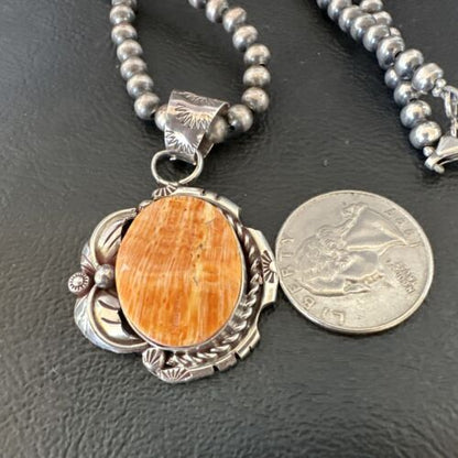 Navajo Orange Spiny Oyster Pendant Necklace | Sterling Silver Pearls | Authentic Native American Handmade | 16559