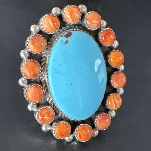 Navajo Turquoise & Spiny Oyster Cluster Ring | Authentic Native American Sterling Silver | Multi-Stone | Sz 12 | 16027