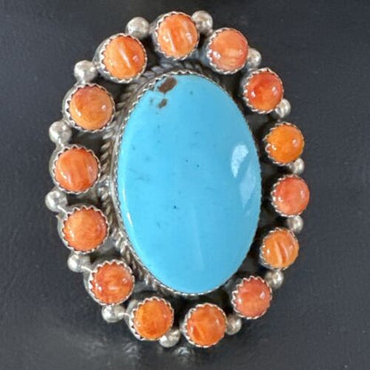 Navajo Turquoise & Spiny Oyster Cluster Ring | Authentic Native American Sterling Silver | Multi-Stone | Sz 12 | 16027