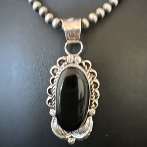 Men's Navajo Pearls Black Onyx Necklace Pendant | Sterling Silver | Authentic Native American Handmade | 16534 - Masha USA