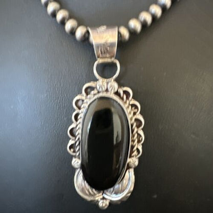 Men's Navajo Pearls Black Onyx Necklace Pendant | Sterling Silver | Authentic Native American Handmade | 16534 - Masha USA