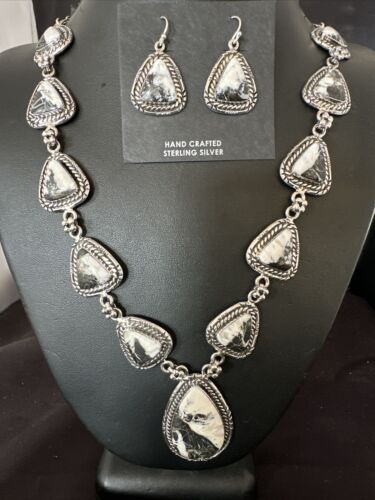 Navajo White Buffalo Turquoise Lariat Necklace | Sterling Silver Earrings | Authentic Native American Handmade | 16267