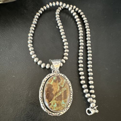 Navajo Green Gaspeite Pendant Necklace | Sterling Silver | Authentic Native American Handmade | 16360