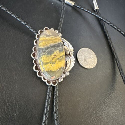 Men's Yellow Bumblebee Jasper Bolo Tie | Navajo Sterling Silver | Authentic Native American Handmade | 15013