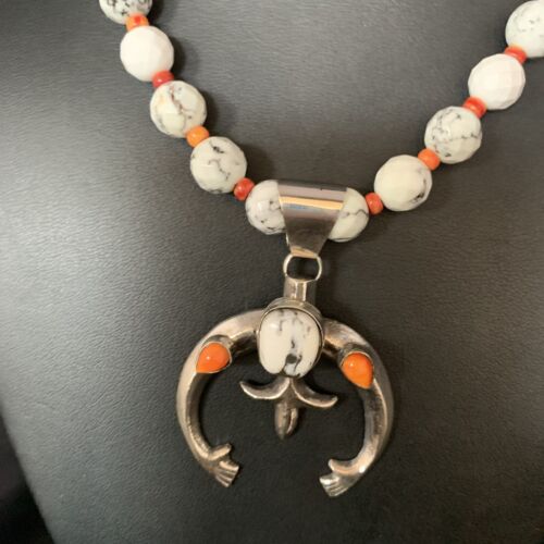 Navajo White Buffalo Turquoise Spiny Oyster Naja Pendant | Sterling Silver | Authentic Native American Handmade | 13648