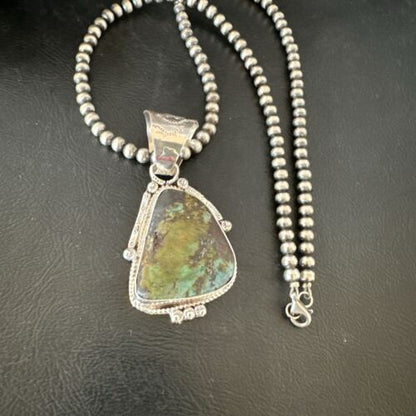 Men's Navajo Green Royston Turquoise Pendant Necklace | Sterling Silver | Authentic Native American Handmade | 17479