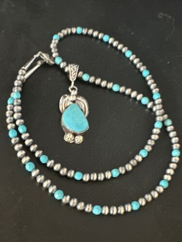 Navajo Pearls Kingman Turquoise Pendant Necklace | Sterling Silver | Authentic Native American Handmade | 14890