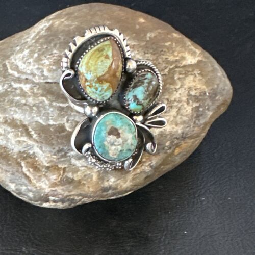 Navajo Green Turquoise Cluster Ring | Authentic Native American Sterling Silver | Multi-Stone | Sz 9 | 14841