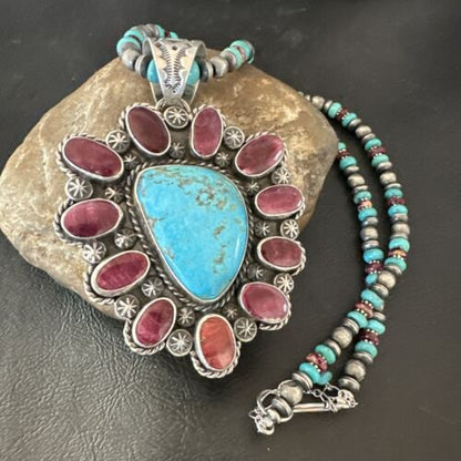 Navajo XL Turquoise Purple Spiny Cluster Pendant Necklace | Sterling Silver | Native American Handmade | 17427