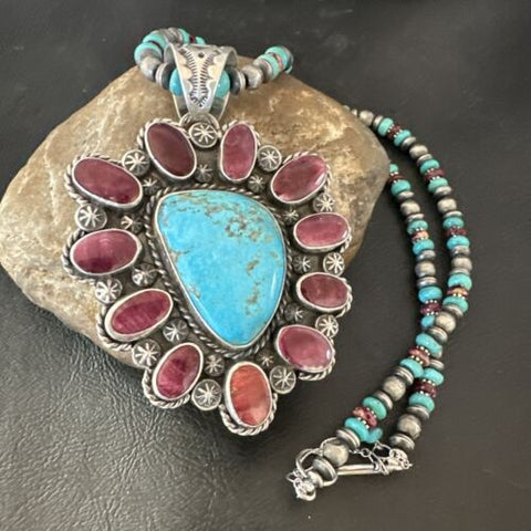 XL Turquoise Purple Spiny Cluster Pendant Navajo Sterling Silver Necklace 17427