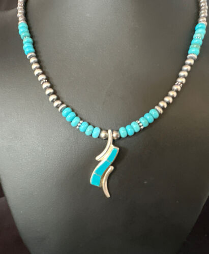 Navajo Blue Turquoise Pendant Necklace | Sterling Silver with Pearls | Authentic Native American Handmade | 15376