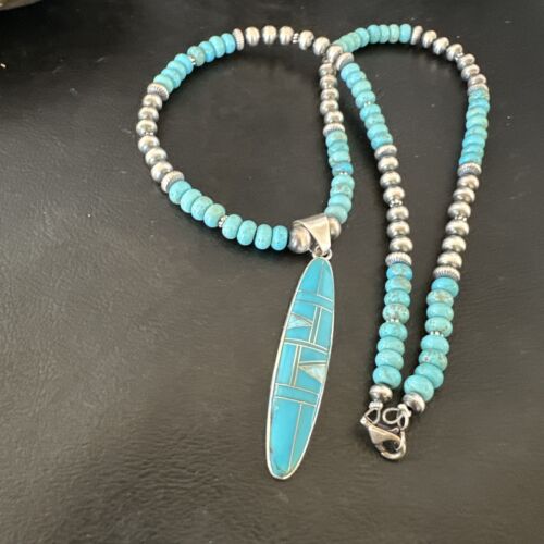 Navajo Blue Kingman Turquoise Opal Inlay Pendant | Sterling Silver Necklace | Authentic Native American Handmade | 16645 - Masha USA
