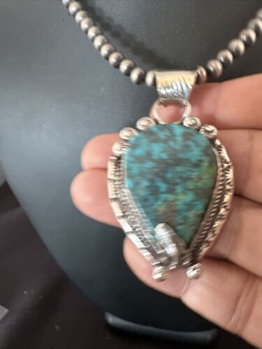 Navajo Blue Turquoise Pendant Necklace | Sterling Silver Pearls | Authentic Native American Handmade | 15761