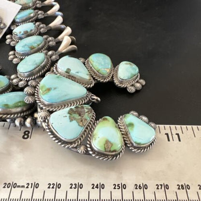 Royston Turquoise Navajo Squash Blossom Necklace & Earrings | Sterling Silver | Native American Handmade | 16536